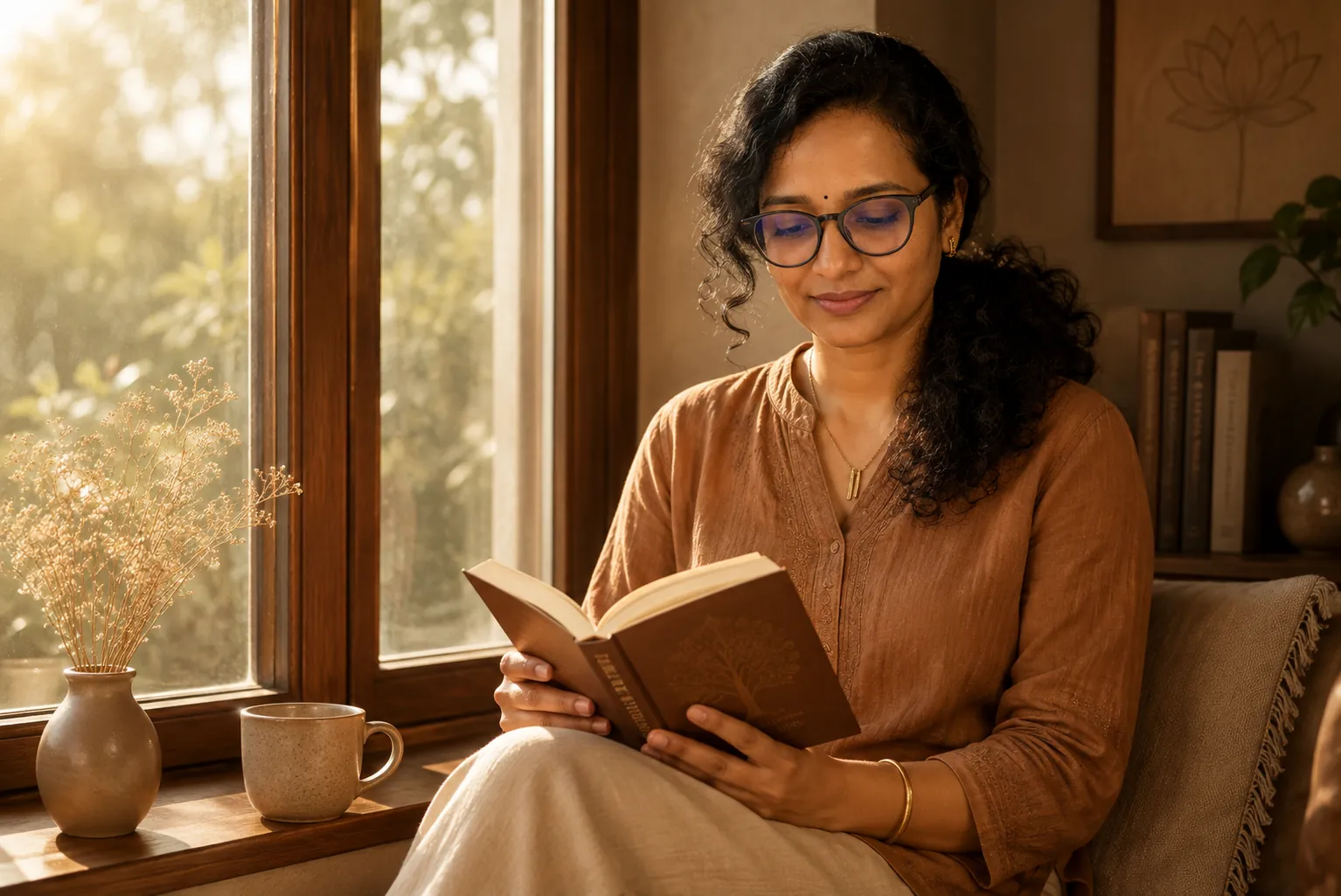 Reitha Nair reading by a window